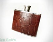 Classic Vintage Stainless Steel Hip Flask  with Embossed Calf Leather Covering