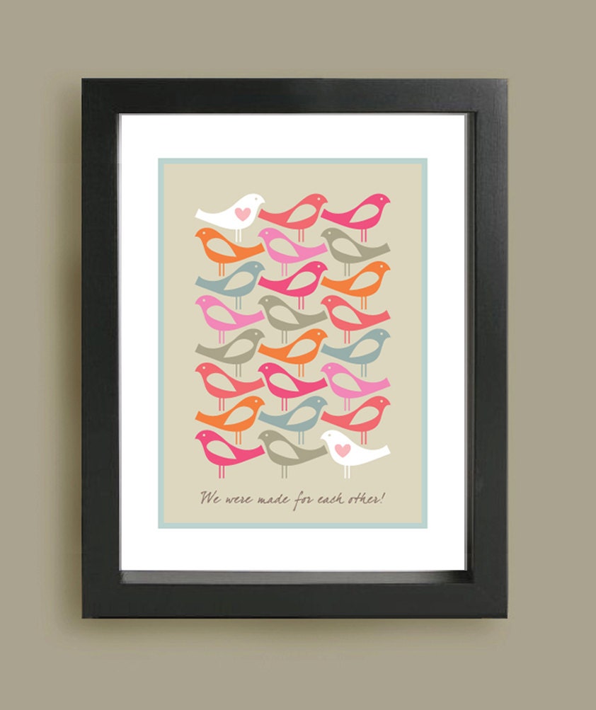 Mid century print - Made for each other - Love birds, A3 artists giclée print
