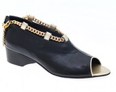 Handmade peep toe low heel sandal in black & gold - made to order