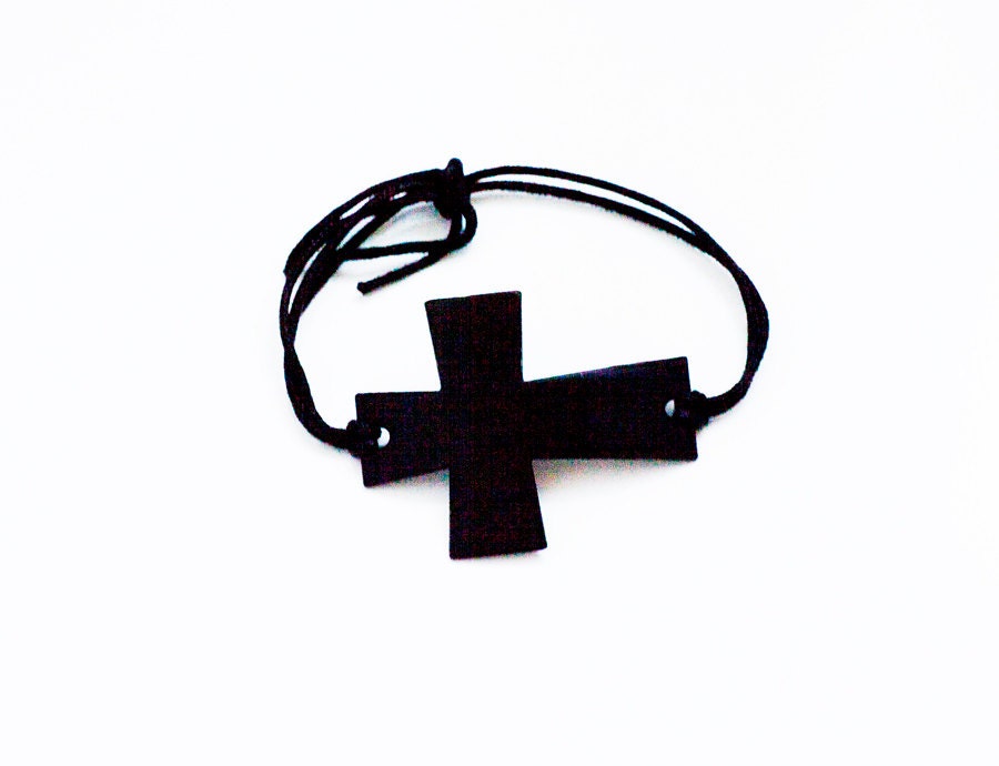 Chunky Large Black Cross and Leather Cord Bracelet