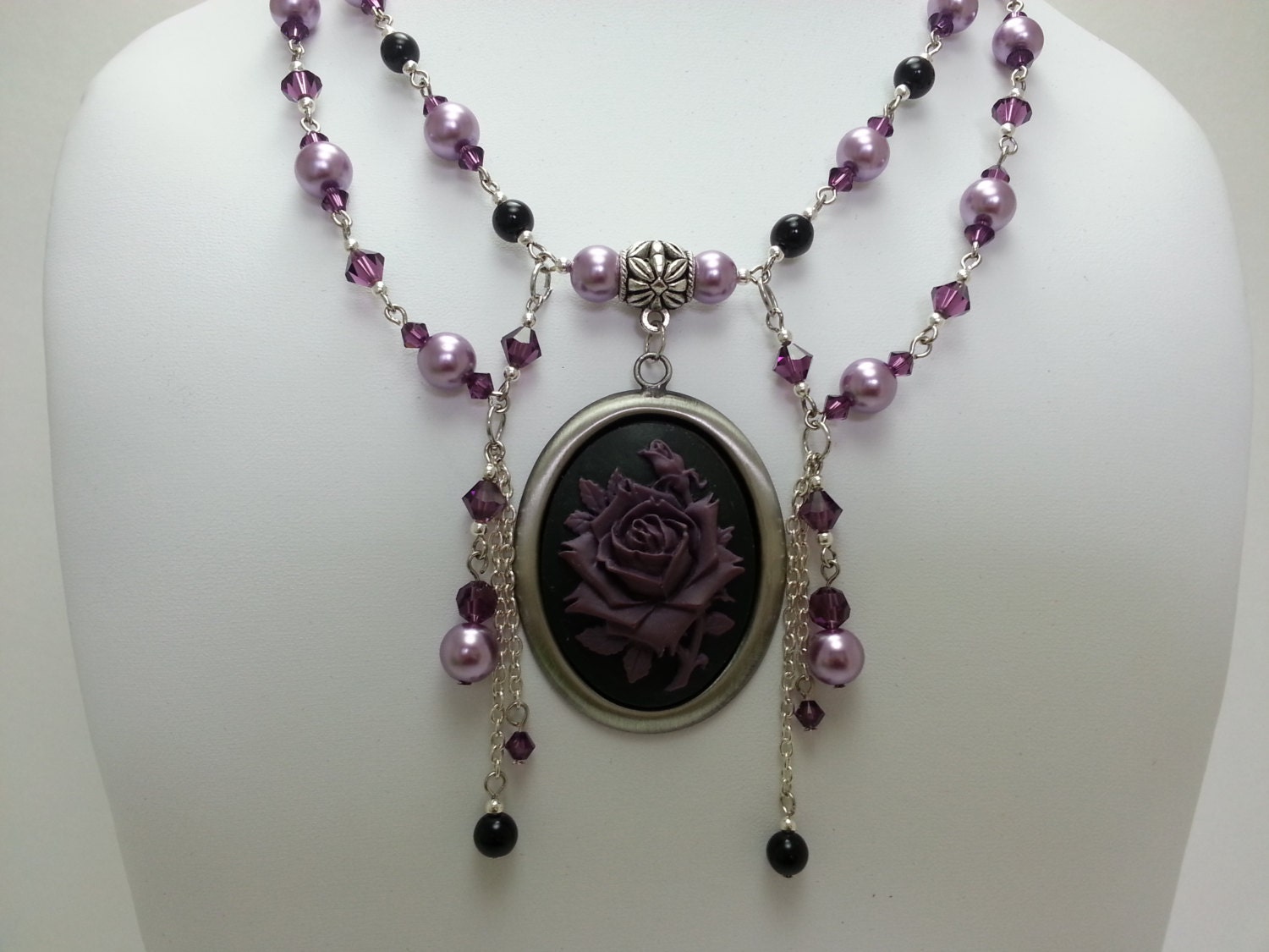 Purple Swarovski Crystal and Purple Glass Pearl Beaded Rose Cameo Necklace - Double Strand
