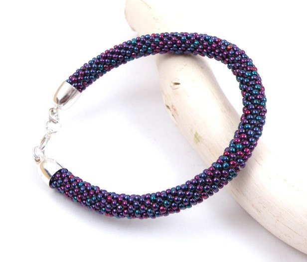 Beads crochet rope bracelet , beadwork , beaded bracelet , purple blue