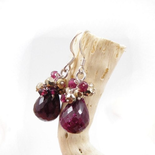 Ruby earrings , gemstone jewelry , purple drop earrings , birthstone jewelry , garnet pyrite sterling silver