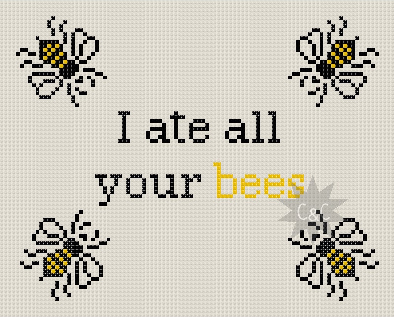 Black Books 'I ate all your bees' quote - counted cross stitch sampler printable PDF pattern