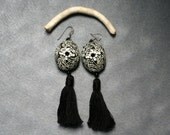 black tassel earrings, oriental style,boho dark jewelry, upcycled/recycled