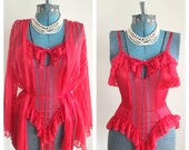 Vintage Shirley of Hollywood red striped lace teddy / red peignoir / pin up lingerie / Romantic lingerie / striped lingerie / size M