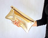 GOLD RUSH - foldover clutch, large purse, leather clutch in gold
