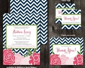 Bridal Shower Invitation Combo Pack - Chevron Flowers - Mod, Floral, Rose, Navy, Blue, Pink, Apple, Lime, Green (DIY Digital Printable)