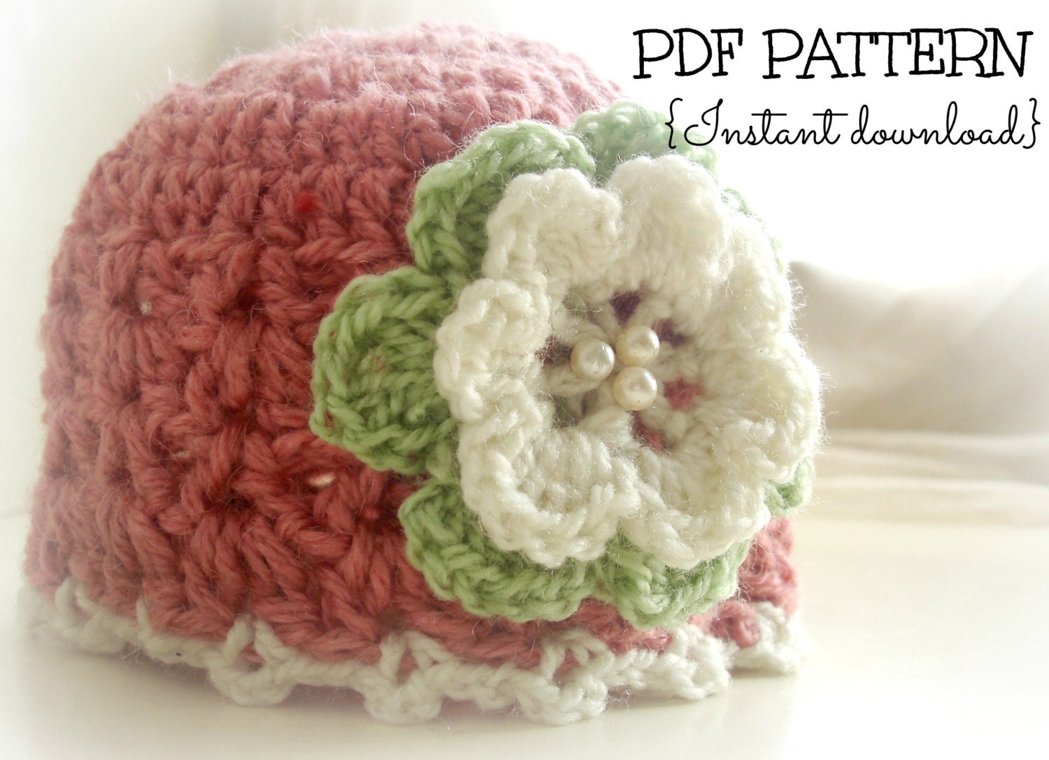 INSTANT DOWNLOAD Crochet girl hat pattern, crochet baby hat, beanie pattern, Pinky Girly Hat, 6 sizes- newborn to adult, Pattern No. 12