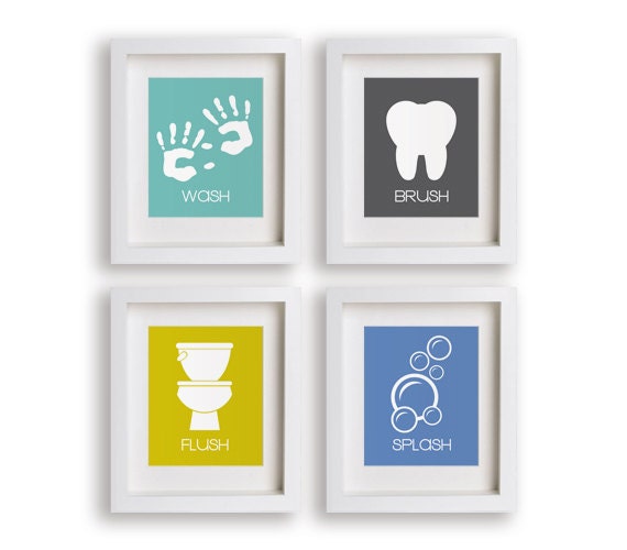 Bathroom Manners - Set of Four Bathroom Decor Prints - kids decor, educational, children art, bathroom art prints, kids bathroom