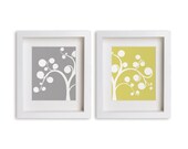 Set of Two 8x10 Whimsical Tree Prints (willow) - modern art, home decor, children decor, wall decor, dining room, living room, yellow, gray