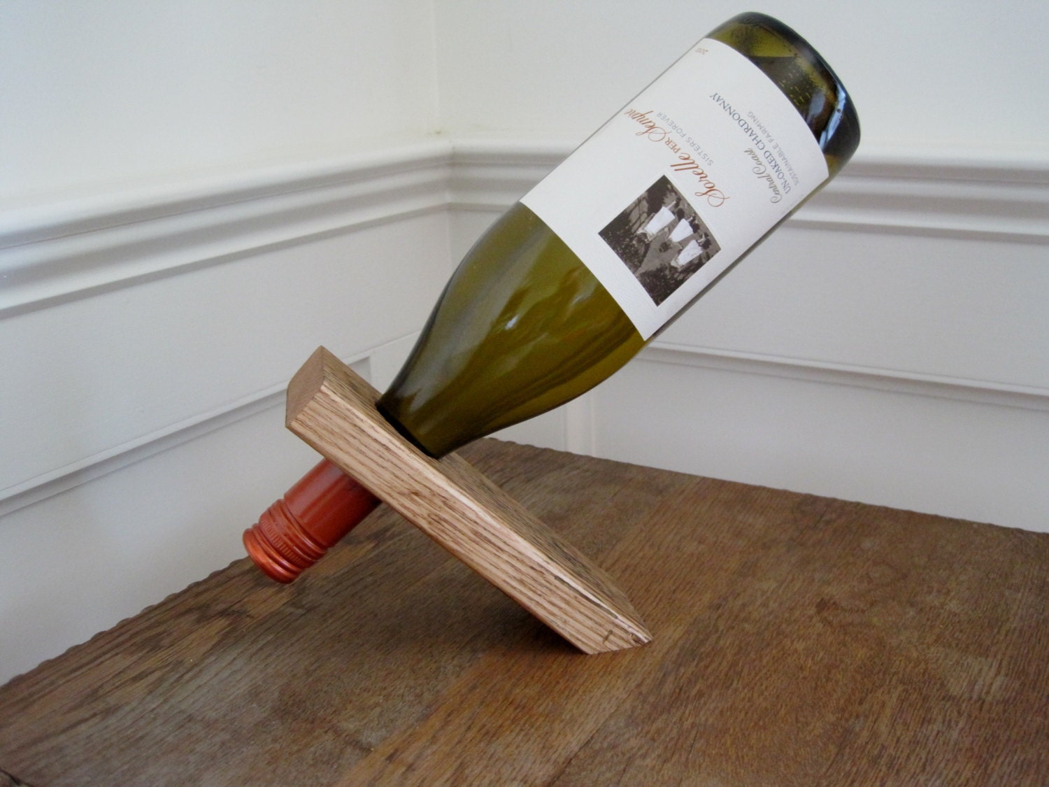 Balancing Wine Bottle Holder- Reclaimed Wood Oak Fence Board Rustic Wooden Wine Stand
