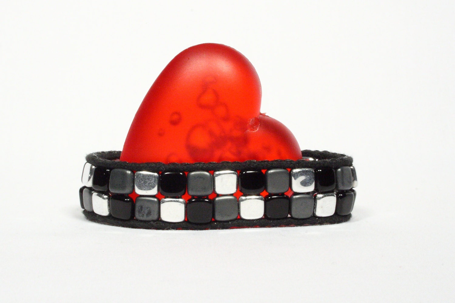 Cuff bracelet.  Square Czech glass tiles.  Black, gunmetal gray, white beads.  Black button.  Art deco hippie. - CarolMade