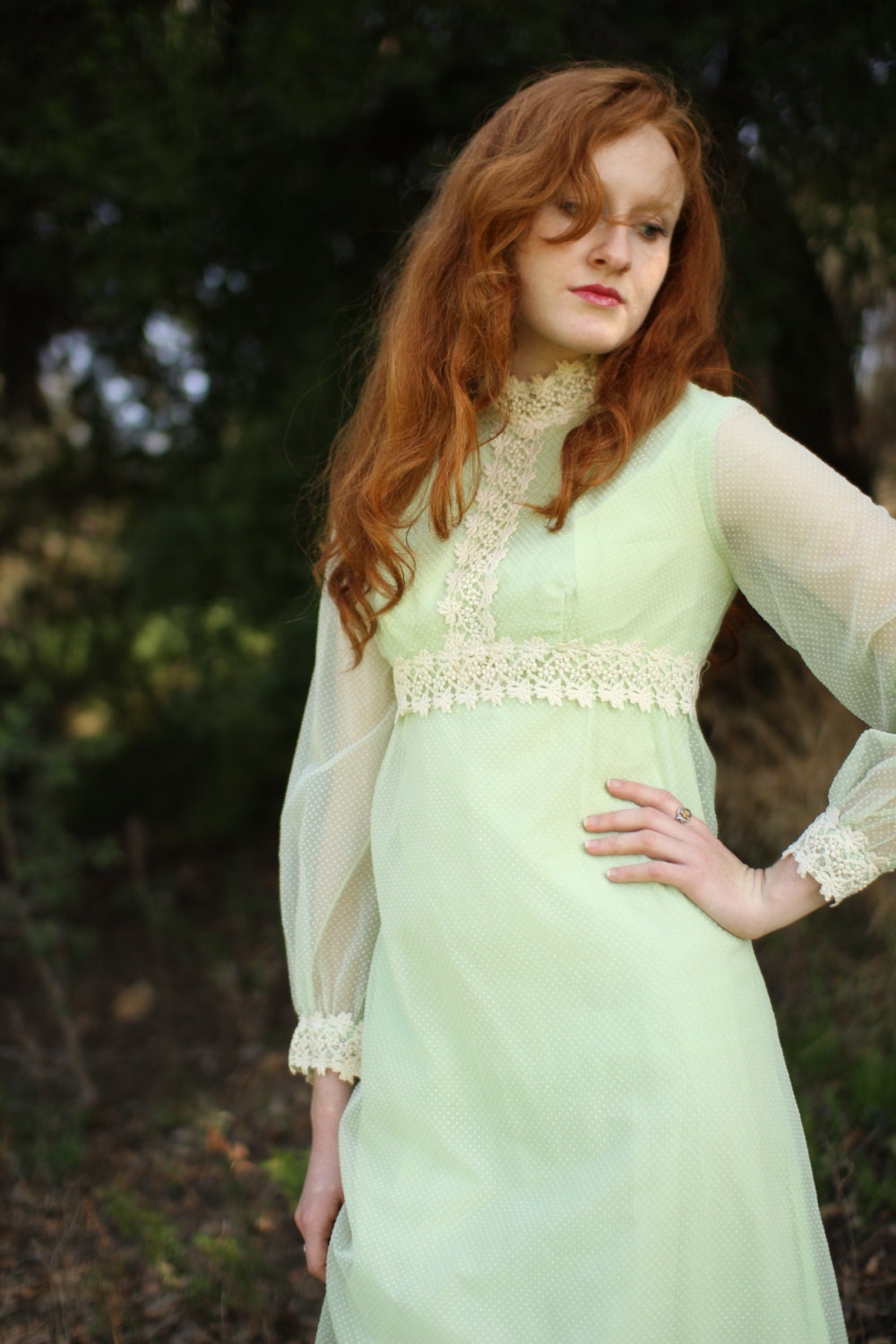 Vintage 70s Mint & Ivory Flocked Dot Organza Dress