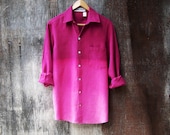 Linen shirt ombre dip dye bleached button down oxford long sleeve pink fuchsia red womens' size small medium