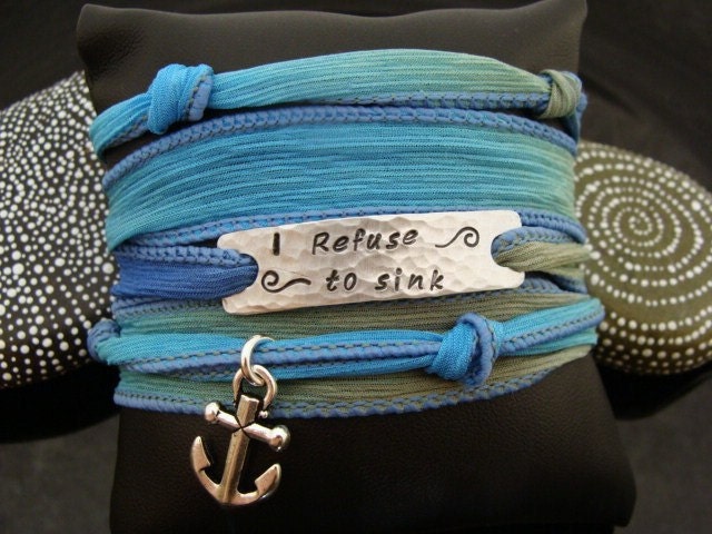 SALE D2E "I Refuse To Sink" silk ribbon yoga wrap bracelet with magnetic clasp and anchor charm
