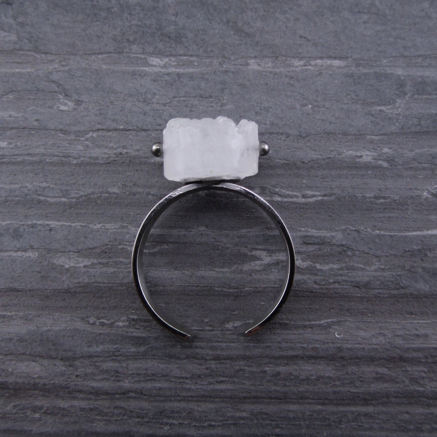 White Quartz Ring, Druzy Quartz & Adjustable Steel Ring OOAK