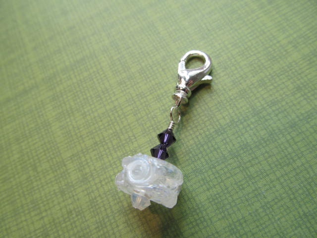 Bead charm, freeform white lampwork bead, dark purple crystals, deco for keychain, purse, zipper pull