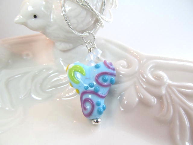 Necklace lampwork heart in blue mult with crystals, bead by Desert Bug