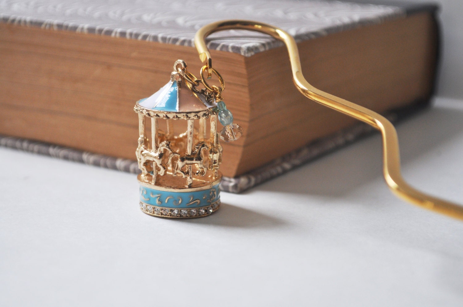 Blue Pink White & Gold Carousel Bookmark - Teachers Gift,Graduation,  Housewarming, Mothers Day, Birthday