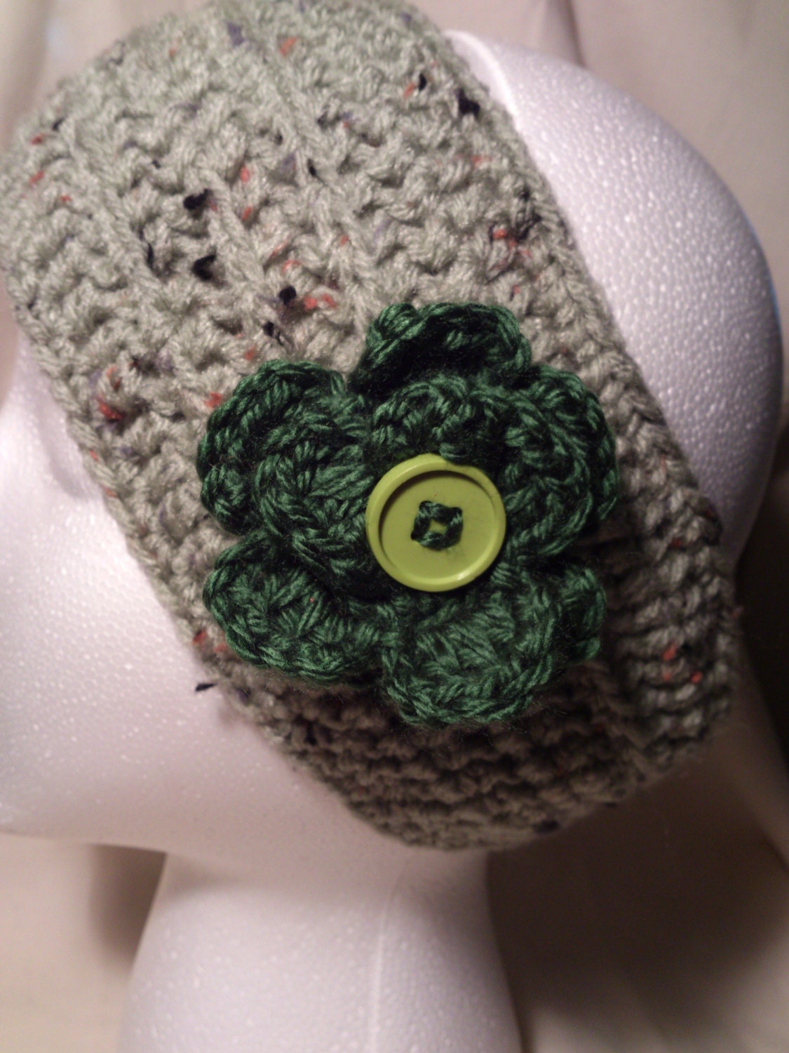 Ear warmer/headband: Sage green w/ speckles & flower