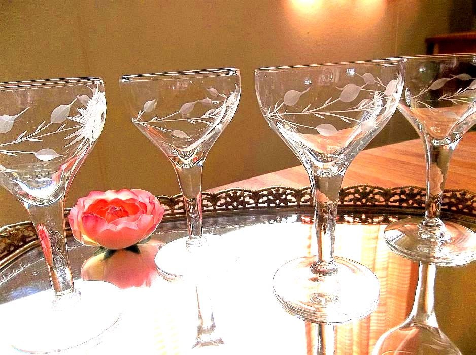 Vintage set of FOUR etched sherry aperitif glasses elegant cordial glasses cut glass port dessert wine stemware floral stemmed glasses
