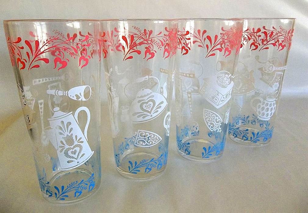 Vintage 1950's Swanky Swigs set FOUR tall drinking glasses pink blue white Hazel Atlas iced tea glasses tumblers Mid Century retro Cottage
