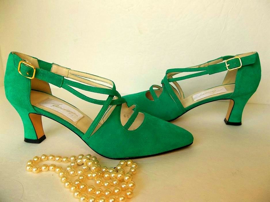 SALE Vintage Jade or Teal green suede strappy heels by Apart in Spain size 6.5 shoes, pointed toe, green suede EXCELLENT