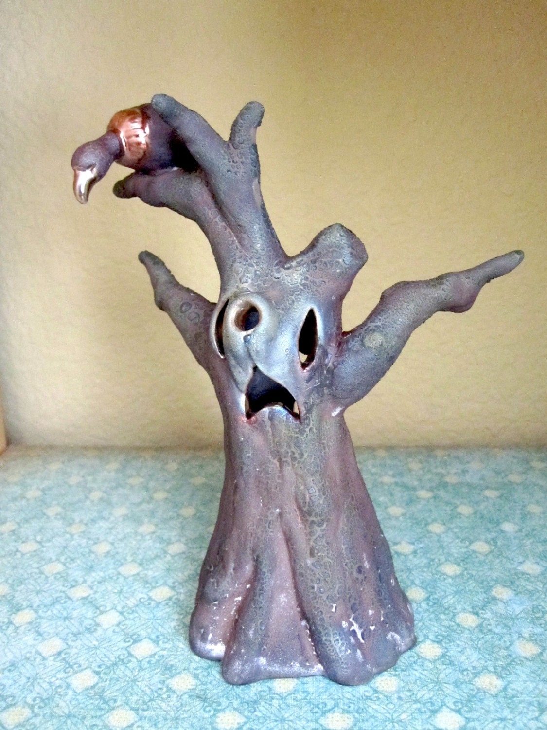 Raku Haunted Tree and Vulture Handmade
