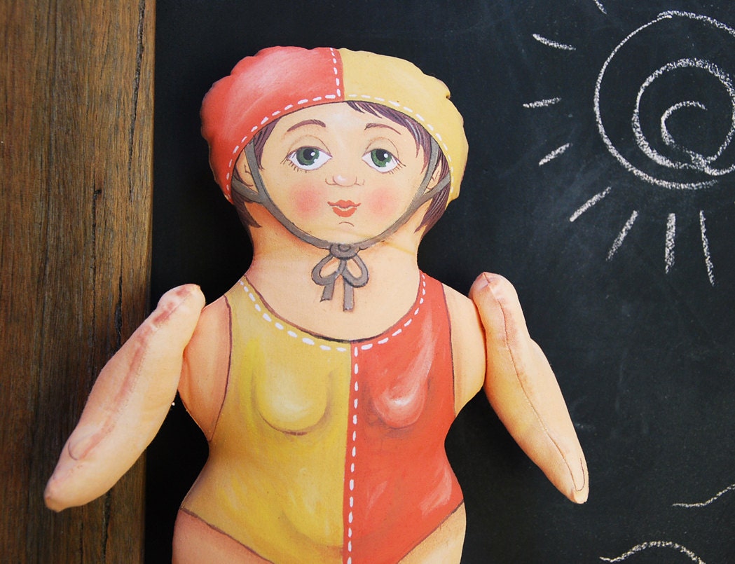 surf lifesaver painted doll - soft sculpture