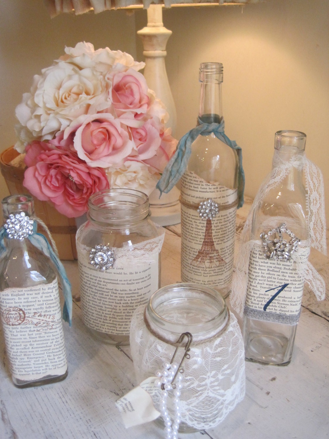 Vintage-Shabby Chic Table Decor- Set of 5 Vintage Glass Jars