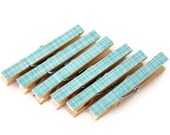 Decorated Wooden Clothes Pegs/Pins, Aqua, Seafoam, with White Grid Stripes/Lines, Gingham - Set of 6