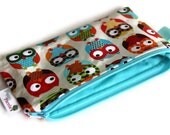 Pencil Case, Zippered Pouch, Bright Owl Fabric by Alice Kennedy, Aqua, Brown, Red, Orange, Green, Lined with Aqua