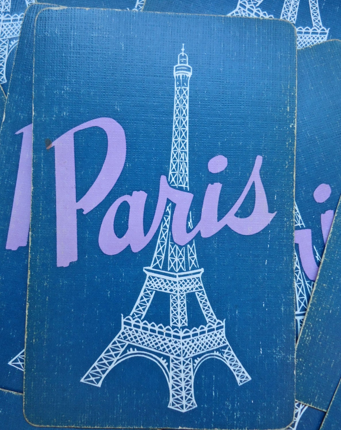 12 Vintage Linen Paris Eiffel Tower Playing Cards Blue with Purple altered art supplies collage scrapbooking ephemera