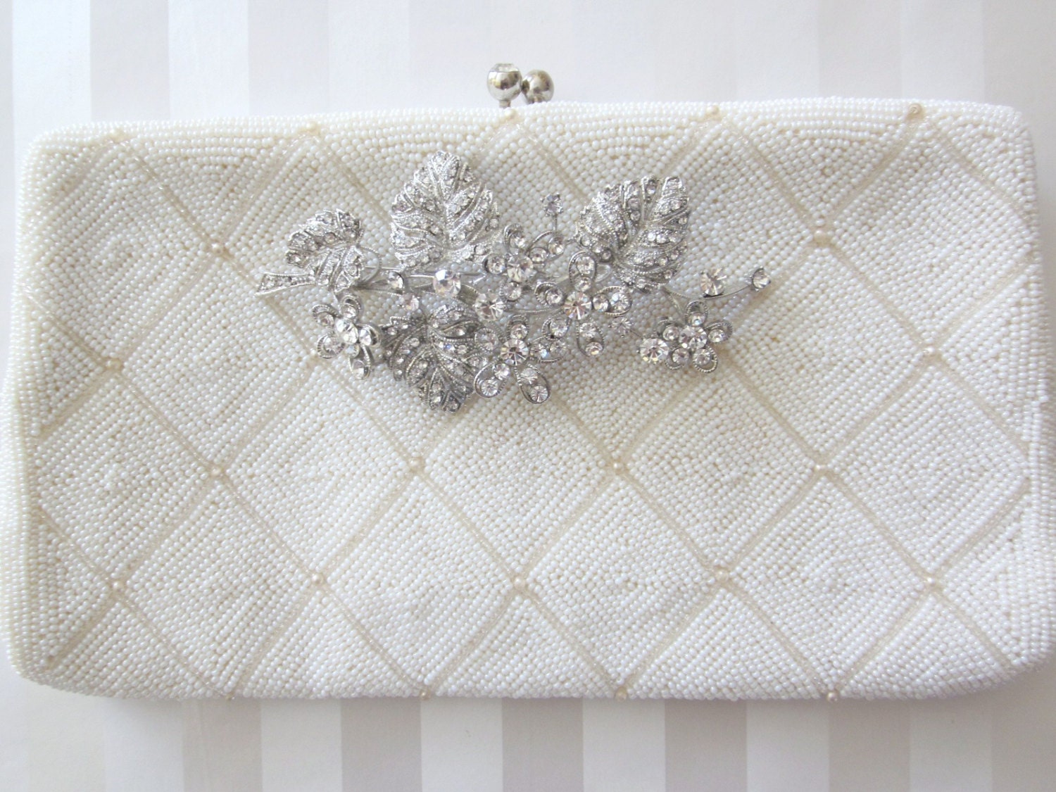 Vintage Beaded Wedding Clutch purse, Ivory handbag embellished floral rhinestone brooch