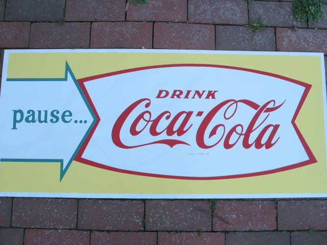 RARE AND MINT 1960s Coca Cola Fishtail advertising sign -- large - 4 feet long