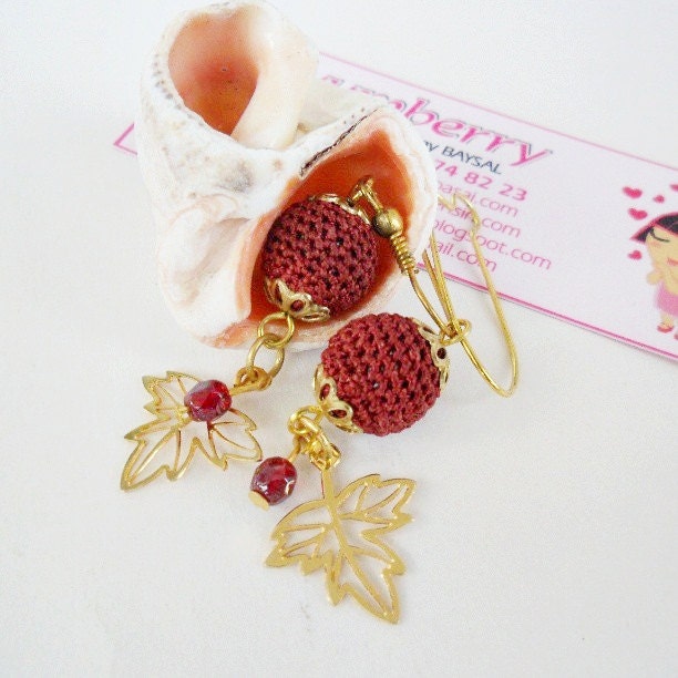 Free shipping - Claret red -  Crocheted Bead Earrings