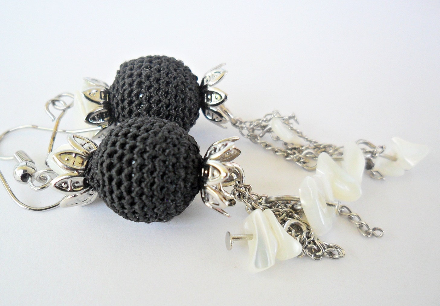 Free shipping - Black Crocheted Bead Earrings