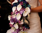 Cascade Peacock  Bouquet, calla lilies, orchids, blue, purple, white -  silk wedding flowers