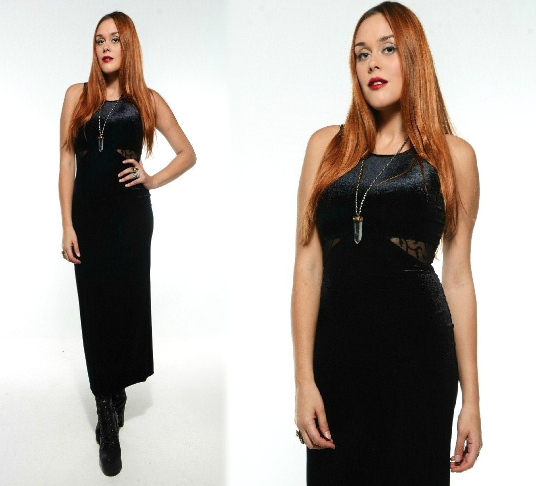 Vintage 90s Black SHEER CUT OUT Velvet Maxi Dress S M