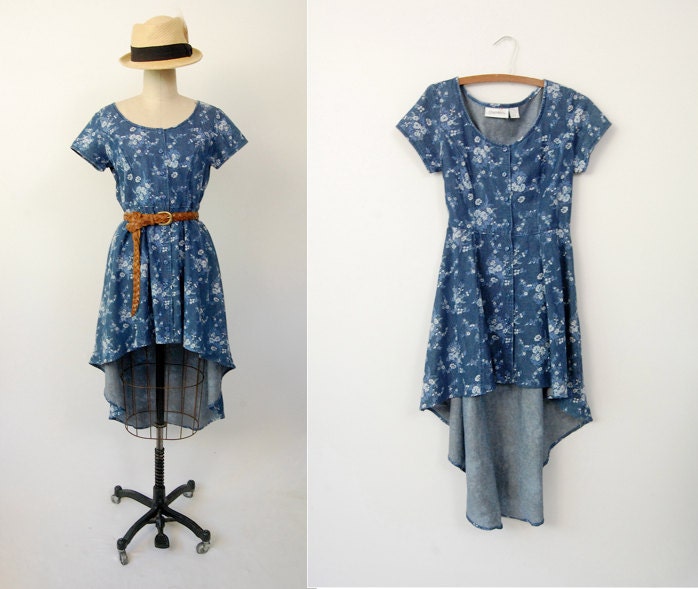 Vintage 90's HIGH LOW dress floral print denim / upcycled chambray Urban Outfitters / M medium