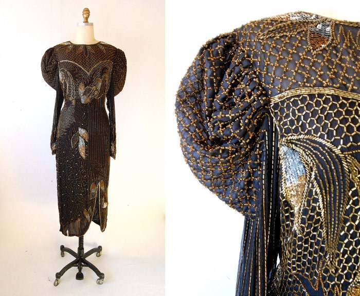 Vintage 80's beaded silk dress 20's Art Deco / renaissance sleeve / Gucci style Josephine Baker / L large