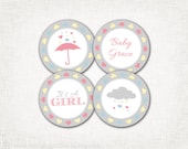 Rain Shower Baby Shower Cupcake Toppers - Baby Girl - PRINTABLE Party Circles- DIY Digital File  - Rain Shower Collection