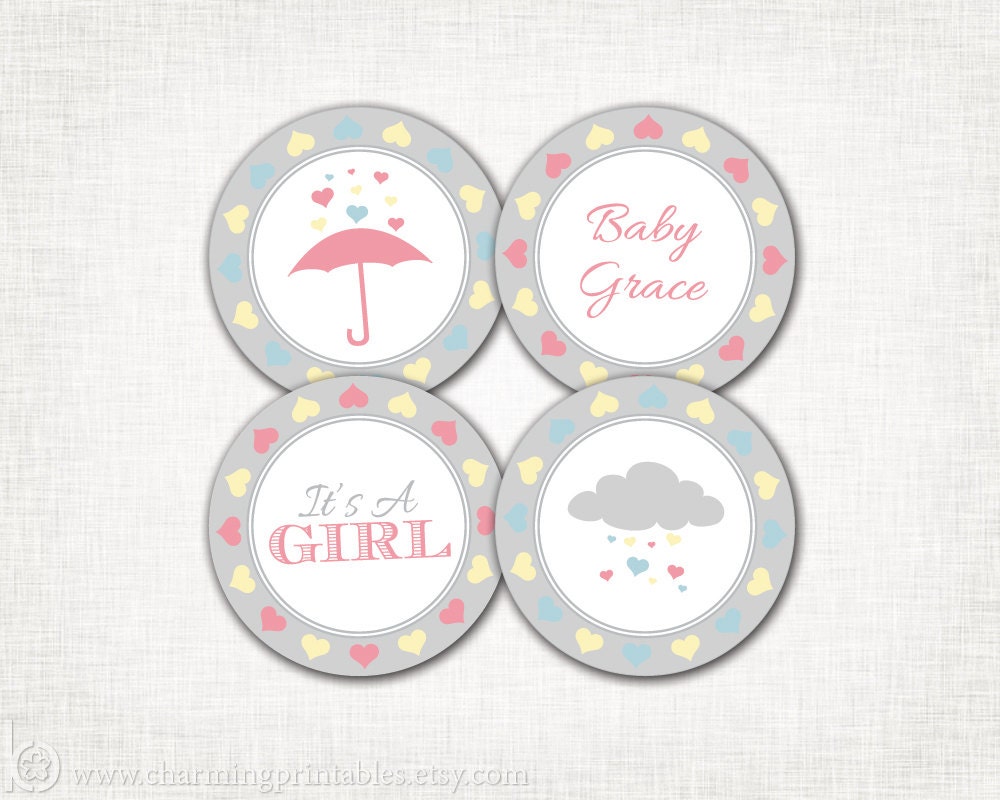 Rain Shower Baby Shower Cupcake Toppers - Baby Girl - PRINTABLE Party Circles- DIY Digital File - Rain Shower Collection Il_570xn