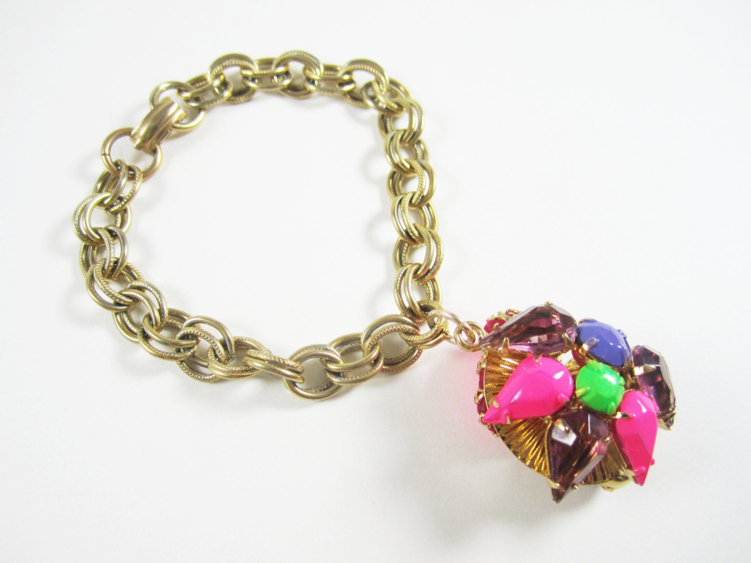 The Callie Bracelet - One Of A Kind - Vintage Neon Pink Hand Painted Rhinestone Charm Bracelet