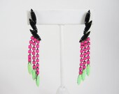 One Of A Kind - Vintage 1950s Hand Painted Neon Pink & Mint Rhinestone Earrings - by Love Obsessed