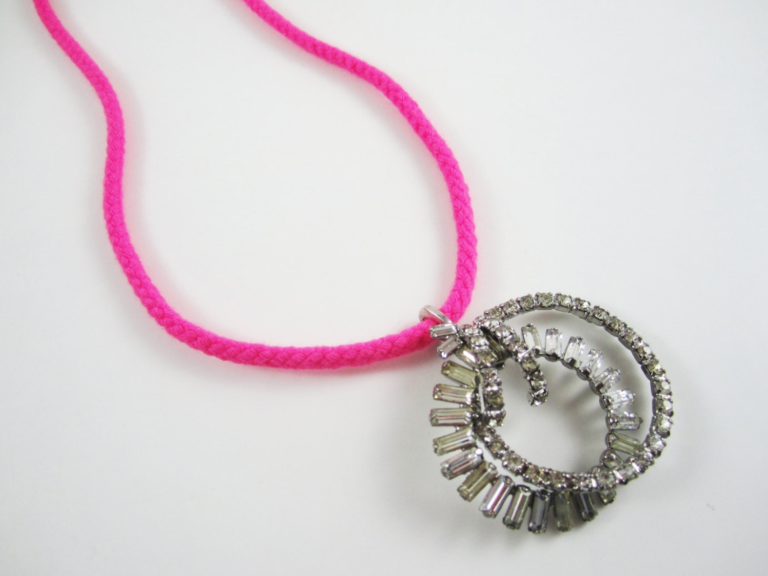The Elizabeth Necklace - Vintage One of A Kind Rhinestone Pendant Necklace - Neon Pink Cord - OOAK