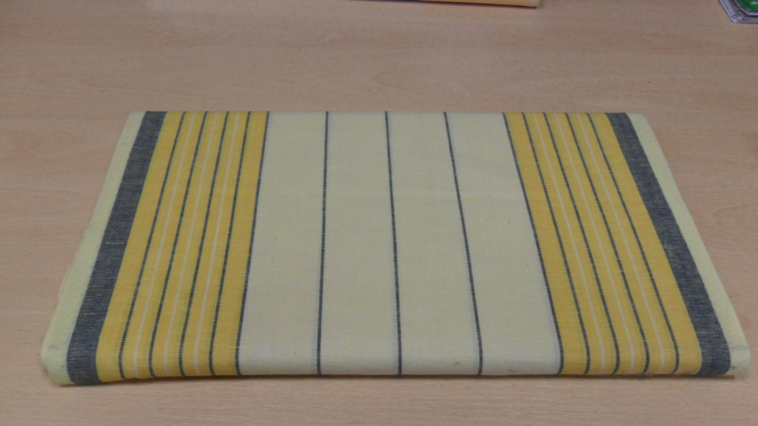 Pair of Kitchen -Tea - Dish Towels. Linen - Cotton Fabric: Light Yellow with Dark Yellow and Dark Blue Stripes, Lines.