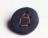 Geometric brooch matte black polymer clay mustard thread 'House' handmade