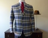 RARE Vintage Brooks Brothers Blue & Yellow Plaid Summer Sack Jacket 43 S. Made in USA.